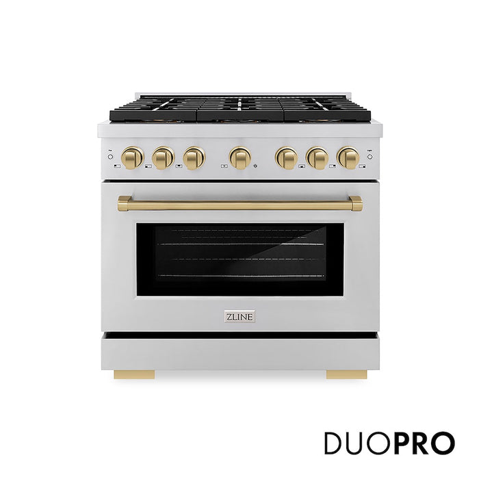 ZLINE Autograph Edition 36 in. 5.2 cu. ft. Paramount Gas Range with 6 Burner DuoPro™ Cooktop and Convection Gas Oven in Stainless Steel and Champagne Bronze Accents (PSGRZ-36-CB)