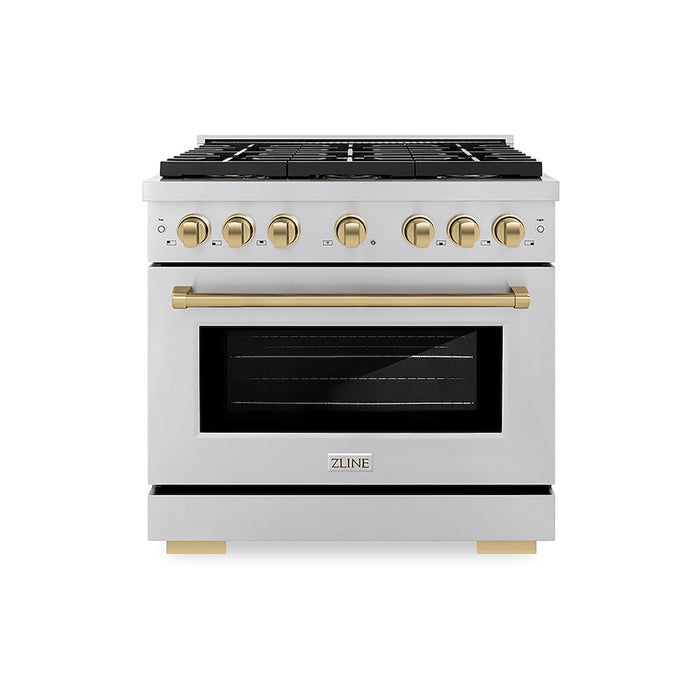 ZLINE Autograph Edition 36 in. 5.2 cu. ft. Paramount Gas Range with 6 Burner DuoPro™ Cooktop and Convection Gas Oven in Stainless Steel and Champagne Bronze Accents (PSGRZ-36-CB)