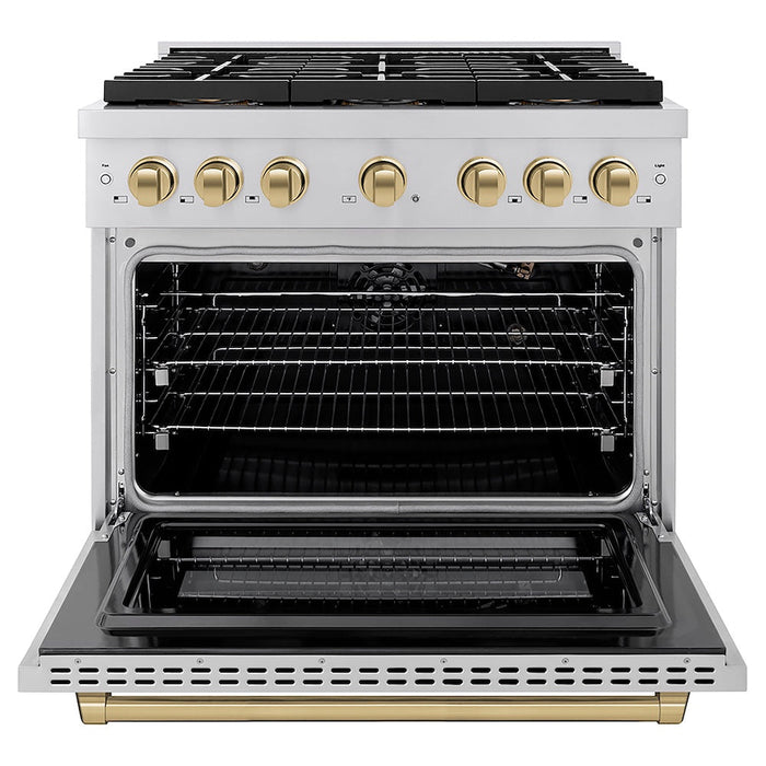ZLINE Autograph Edition 36 in. 5.2 cu. ft. Paramount Gas Range with 6 Burner DuoPro™ Cooktop and Convection Gas Oven in Stainless Steel and Champagne Bronze Accents (PSGRZ-36-CB)