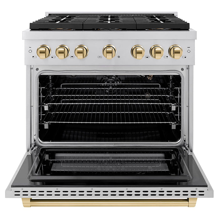 ZLINE Autograph Edition 36 in. 5.2 cu. ft. Paramount Gas Range with 6 Burner DuoPro™ Cooktop and Convection Gas Oven in Stainless Steel and Polished Gold Accents (PSGRZ-36-G)