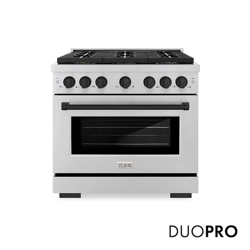 ZLINE Autograph Edition 36 in. 5.2 cu. ft. Paramount Gas Range with 6 Burner DuoPro™ Cooktop and Convection Gas Oven in Stainless Steel and Matte Black Accents (PSGRZ-36-MB)