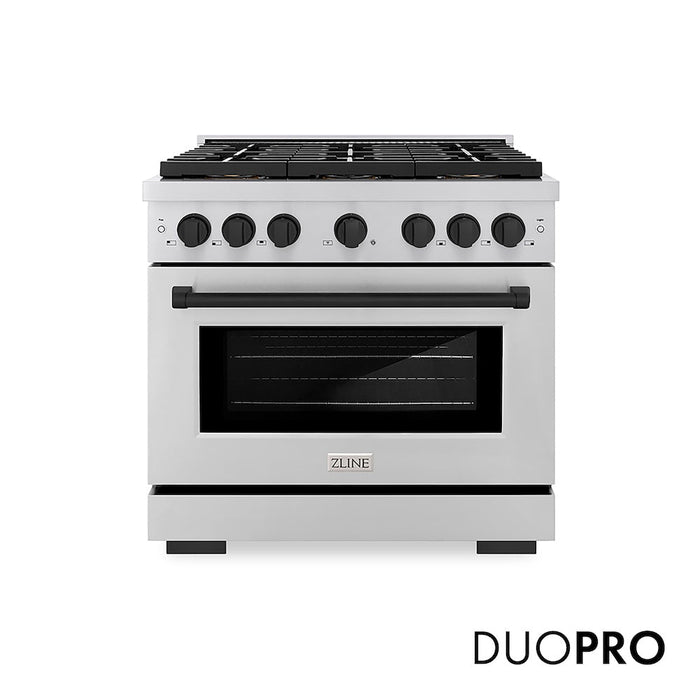 ZLINE Autograph Edition 36 in. 5.2 cu. ft. Paramount Gas Range with 6 Burner DuoPro™ Cooktop and Convection Gas Oven in Stainless Steel and Matte Black Accents (PSGRZ-36-MB)