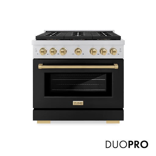 ZLINE Autograph Edition 36 in. 5.2 cu. ft. Paramount Gas Range with 6 Burner DuoPro™ Cooktop and Convection Gas Oven with Black Matte Door and Champagne Bronze Accents (PSGRZ-BLM-36-CB)