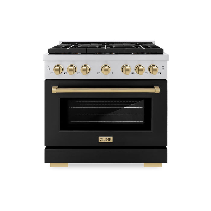 ZLINE Autograph Edition 36 in. 5.2 cu. ft. Paramount Gas Range with 6 Burner DuoPro™ Cooktop and Convection Gas Oven with Black Matte Door and Champagne Bronze Accents (PSGRZ-BLM-36-CB)
