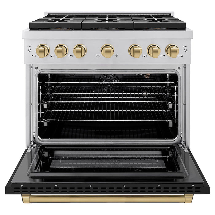 ZLINE Autograph Edition 36 in. 5.2 cu. ft. Paramount Gas Range with 6 Burner DuoPro™ Cooktop and Convection Gas Oven with Black Matte Door and Champagne Bronze Accents (PSGRZ-BLM-36-CB)