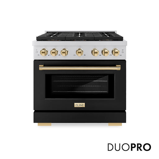 ZLINE Autograph Edition 36 in. 5.2 cu. ft. Paramount Gas Range with 6 Burner DuoPro™ Cooktop and Convection Gas Oven with Black Matte Door and Polished Gold Accents (PSGRZ-BLM-36-G)