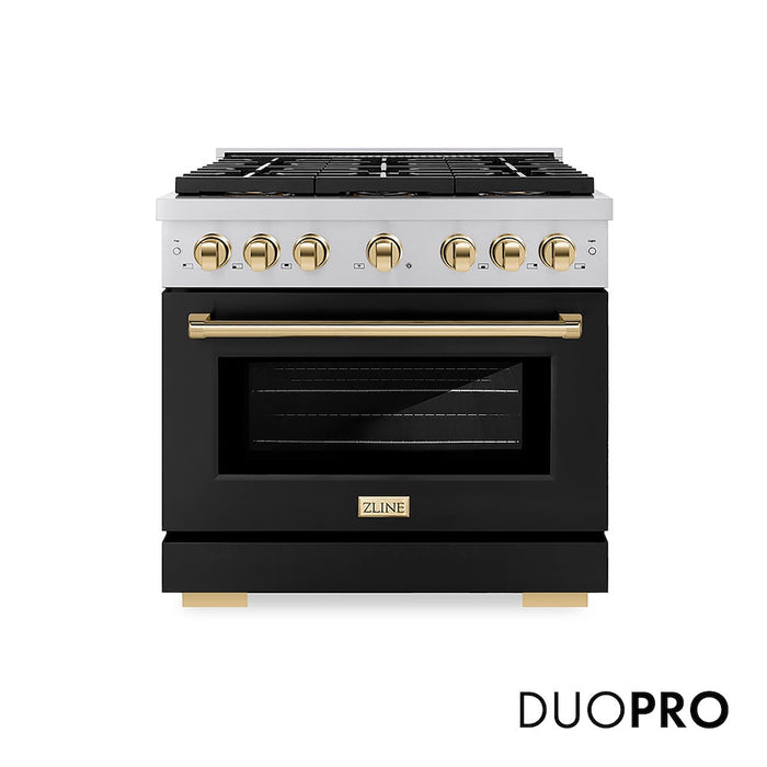 ZLINE Autograph Edition 36 in. 5.2 cu. ft. Paramount Gas Range with 6 Burner DuoPro™ Cooktop and Convection Gas Oven with Black Matte Door and Polished Gold Accents (PSGRZ-BLM-36-G)