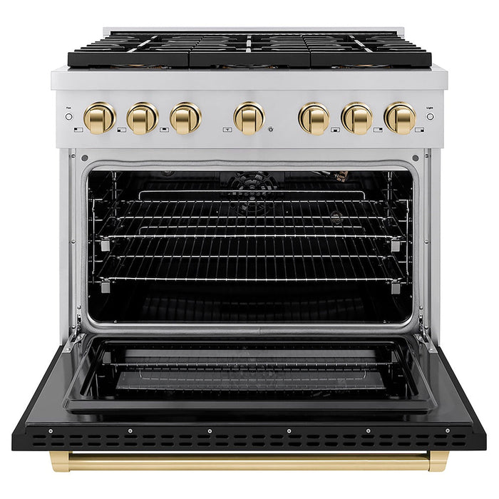 ZLINE Autograph Edition 36 in. 5.2 cu. ft. Paramount Gas Range with 6 Burner DuoPro™ Cooktop and Convection Gas Oven with Black Matte Door and Polished Gold Accents (PSGRZ-BLM-36-G)