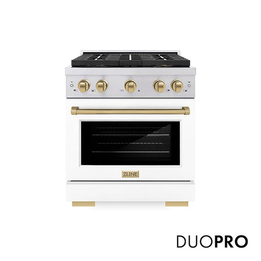 ZLINE Autograph Edition 30 in. 4.2 cu. ft. Paramount Gas Range with 4 Burner DuoPro™ Cooktop and Convection Gas Oven in Stainless Steel with White Matte Door and Champagne Bronze Accents (PSGRZ-WM-30-CB)