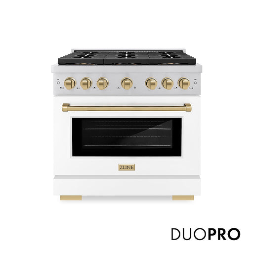 ZLINE Autograph Edition 36 in. 5.2 cu. ft. Paramount Gas Range with 6 Burner DuoPro™ Cooktop and Convection Gas Oven with White Matte Door and Champagne Bronze Accents (PSGRZ-WM-36-CB)