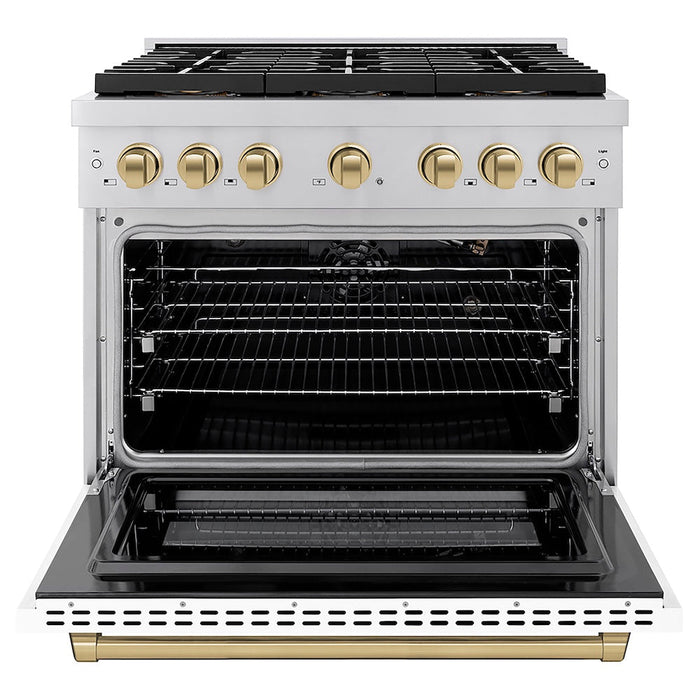 ZLINE Autograph Edition 36 in. 5.2 cu. ft. Paramount Gas Range with 6 Burner DuoPro™ Cooktop and Convection Gas Oven with White Matte Door and Champagne Bronze Accents (PSGRZ-WM-36-CB)