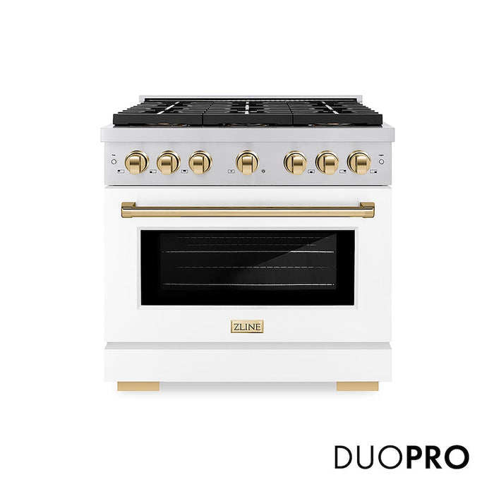 ZLINE Autograph Edition 36 in. 5.2 cu. ft. Paramount Gas Range with 6 Burner DuoPro™ Cooktop and Convection Gas Oven with White Matte Door and Polished Gold Accents (PSGRZ-WM-36-G)