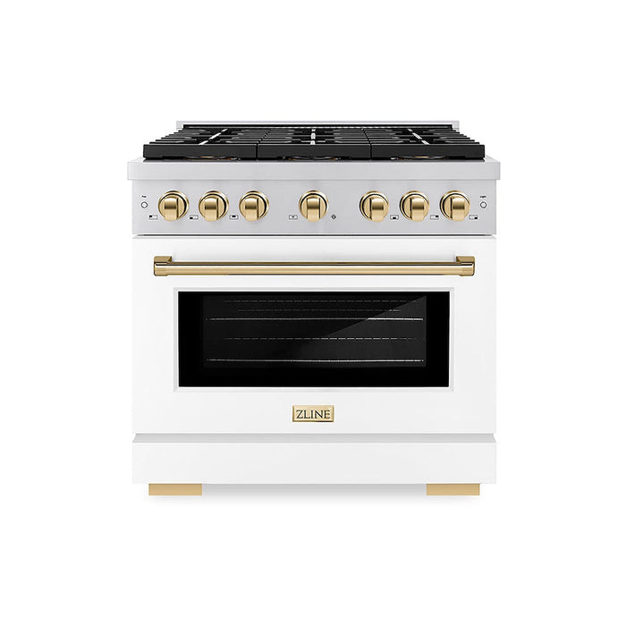 ZLINE Autograph Edition 36 in. 5.2 cu. ft. Paramount Gas Range with 6 Burner DuoPro™ Cooktop and Convection Gas Oven with White Matte Door and Polished Gold Accents (PSGRZ-WM-36-G)