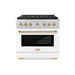 ZLINE Autograph Edition 36 in. 5.2 cu. ft. Paramount Gas Range with 6 Burner DuoPro™ Cooktop and Convection Gas Oven with White Matte Door and Polished Gold Accents (PSGRZ-WM-36-G)