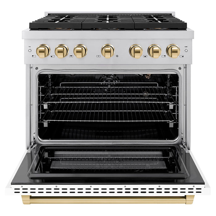 ZLINE Autograph Edition 36 in. 5.2 cu. ft. Paramount Gas Range with 6 Burner DuoPro™ Cooktop and Convection Gas Oven with White Matte Door and Polished Gold Accents (PSGRZ-WM-36-G)