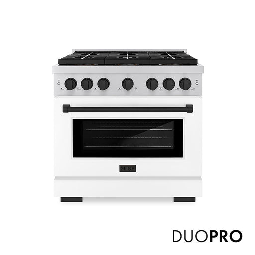 ZLINE Autograph Edition 36 in. 5.2 cu. ft. Paramount Gas Range with 6 Burner DuoPro™ Cooktop and Convection Gas Oven with White Matte Door and Matte Black Accents (PSGRZ-WM-36-MB)