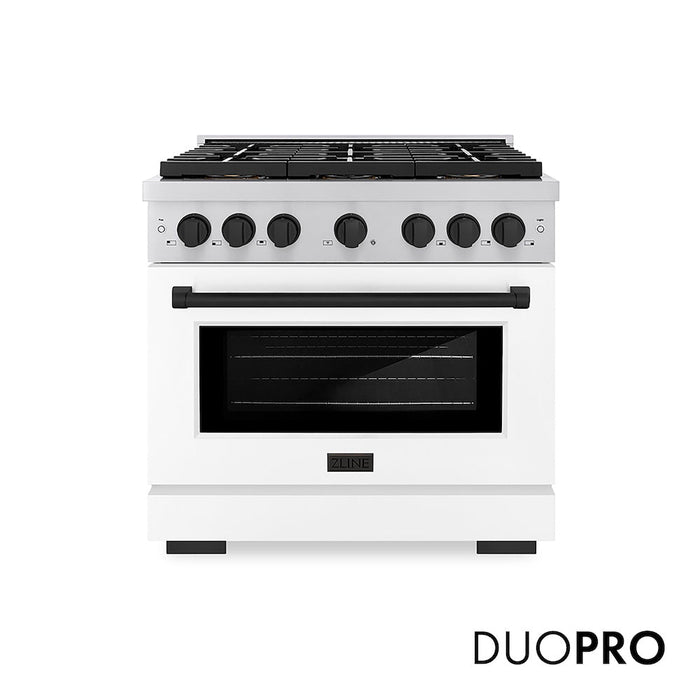 ZLINE Autograph Edition 36 in. 5.2 cu. ft. Paramount Gas Range with 6 Burner DuoPro™ Cooktop and Convection Gas Oven with White Matte Door and Matte Black Accents (PSGRZ-WM-36-MB)