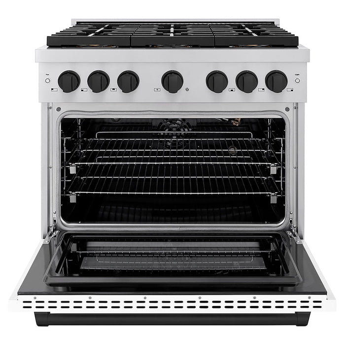 ZLINE Autograph Edition 36 in. 5.2 cu. ft. Paramount Gas Range with 6 Burner DuoPro™ Cooktop and Convection Gas Oven with White Matte Door and Matte Black Accents (PSGRZ-WM-36-MB)