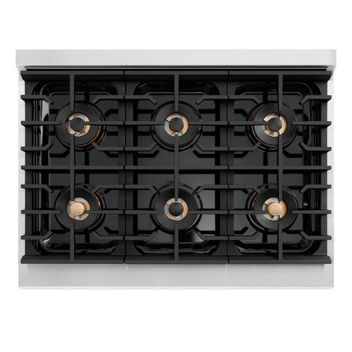 ZLINE Autograph Edition 36 in. 5.2 cu. ft. Paramount Gas Range with 6 Burner DuoPro™ Cooktop and Convection Gas Oven in Stainless Steel with Champagne Bronze Helix Handle and Accents (PSGRZ-36-KCB)