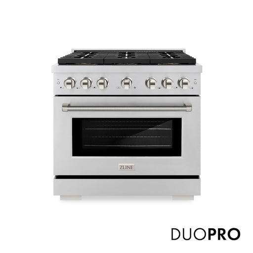ZLINE Autograph Edition 36 in. 5.2 cu. ft. Paramount Gas Range with 6 Burner DuoPro™ Cooktop and Convection Gas Oven in Stainless Steel with Polished Nickel Helix Handle and Accents (PSGRZ-36-KPN)