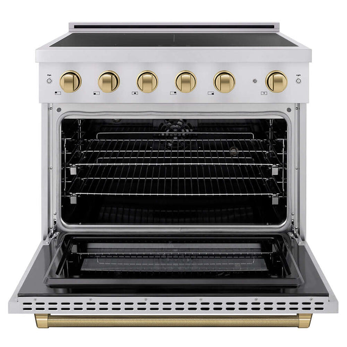 ZLINE Autograph Edition 36 in. 5.2 cu. ft. Paramount Induction Range with 5 Element Cooktop and Electric Convection Oven in Stainless Steel with Champagne Bronze Helix Handle and Knob Accents (SINRZ-36-KCB)