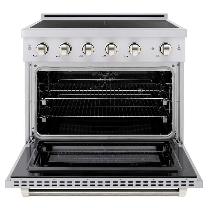 ZLINE Autograph Edition 36 in. 5.2 cu. ft. Paramount Induction Range with 5 Element Cooktop and Electric Convection Oven in Stainless Steel with Polished Nickel Helix Handle and Knob Accents (SINRZ-36-KPN)