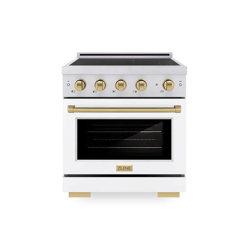 ZLINE Autograph Edition 30 in. 4.2 cu. ft. Paramount Induction Range with 4 Element Cooktop and Electric Convection Oven in Stainless Steel with White Matte Door and Champagne Bronze Accents (SINRZ-WM-30-CB)