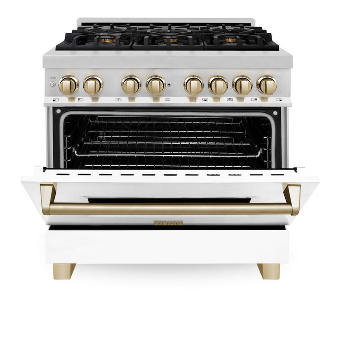 ZLINE Autograph Edition 36 in. 4.6 cu. ft. Legacy Dual Fuel Range with 6 Burner Gas Cooktop and Electric Convection Oven in Stainless Steel with White Matte Door and Polished Gold Accents (RAZ-WM-36-G)