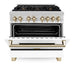 ZLINE Autograph Edition 36 in. 4.6 cu. ft. Legacy Dual Fuel Range with 6 Burner Gas Cooktop and Electric Convection Oven in Stainless Steel with White Matte Door and Polished Gold Accents (RAZ-WM-36-G)