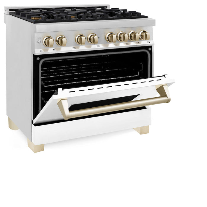 ZLINE Autograph Edition 36 in. 4.6 cu. ft. Legacy Dual Fuel Range with 6 Burner Gas Cooktop and Electric Convection Oven in Stainless Steel with White Matte Door and Polished Gold Accents (RAZ-WM-36-G)