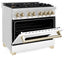 ZLINE Autograph Edition 36 in. 4.6 cu. ft. Legacy Dual Fuel Range with 6 Burner Gas Cooktop and Electric Convection Oven in Stainless Steel with White Matte Door and Polished Gold Accents (RAZ-WM-36-G)