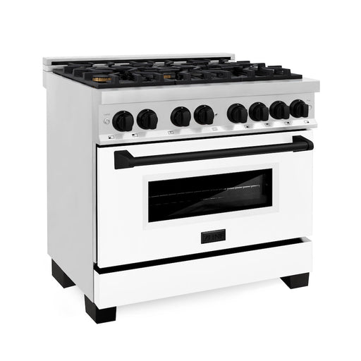 ZLINE Autograph Edition 36 in. 4.6 cu. ft. Legacy Dual Fuel Range with 6 Burner Gas Cooktop and Electric Convection Oven in Stainless Steel with White Matte Door and Matte Black Accents (RAZ-WM-36-MB)