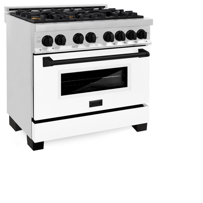 ZLINE Autograph Edition 36 in. 4.6 cu. ft. Legacy Dual Fuel Range with 6 Burner Gas Cooktop and Electric Convection Oven in Stainless Steel with White Matte Door and Matte Black Accents (RAZ-WM-36-MB)