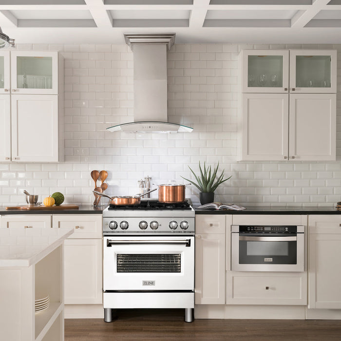 ZLINE 30 in. 4.0 cu. ft. Legacy Dual Fuel Range with 4 Burner Gas Cooktop and Electric Convection Oven in Stainless Steel and White Matte Door (RA-WM-30)