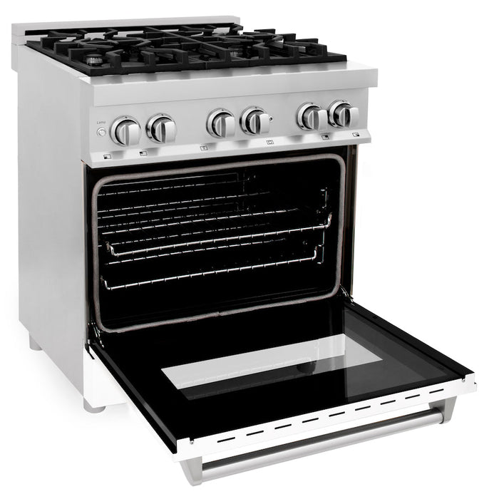 ZLINE 30 in. 4.0 cu. ft. Legacy Dual Fuel Range with 4 Burner Gas Cooktop and Electric Convection Oven in Stainless Steel and White Matte Door (RA-WM-30)