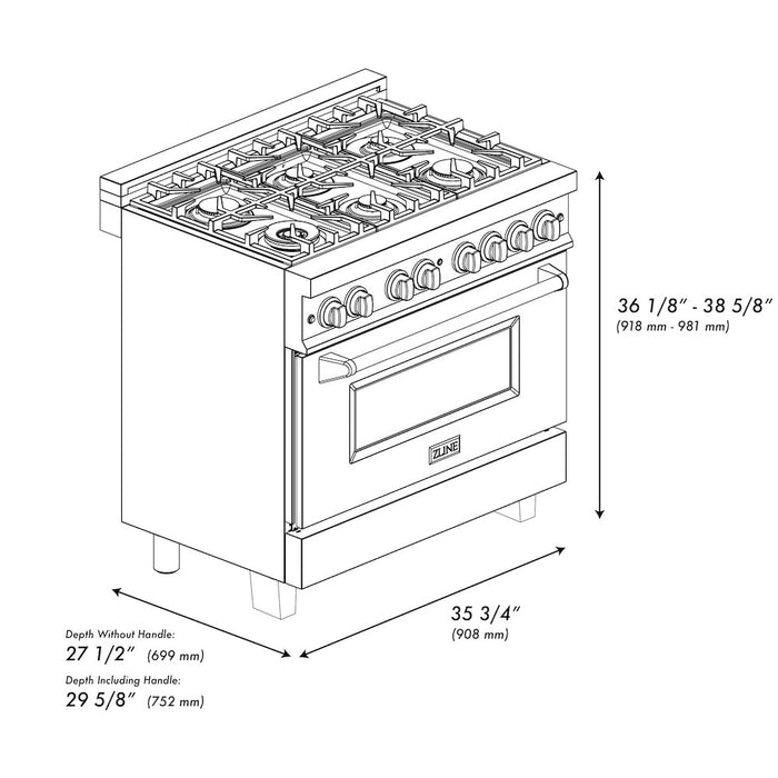 ZLINE Autograph Edition 36 in. 4.6 cu. ft. Legacy Dual Fuel Range with 6 Burner Gas Cooktop and Electric Convection Oven in Stainless Steel with White Matte Door and Matte Black Accents (RAZ-WM-36-MB)