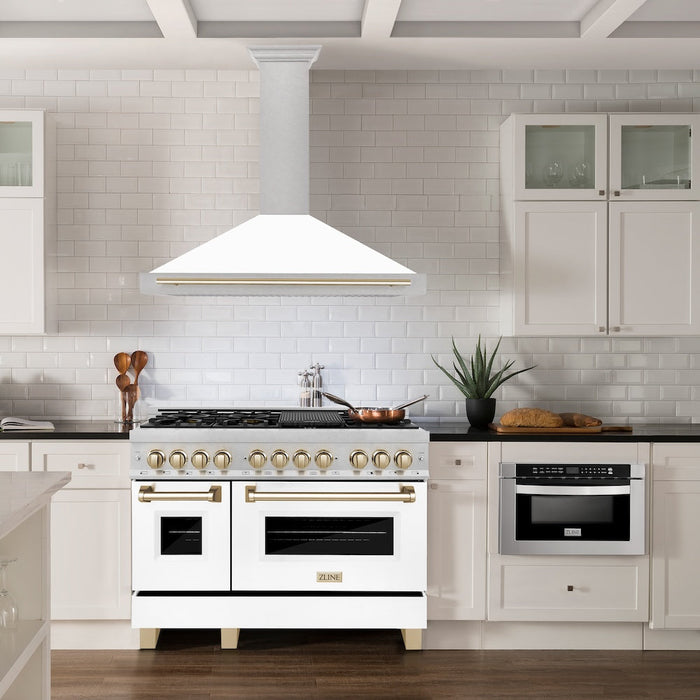ZLINE Autograph Edition 48 in. Convertible Satin Stainless Steel Wall Mount Range Hood with White Matte Shell with Accent Handle (KB4SNZ-WM48)