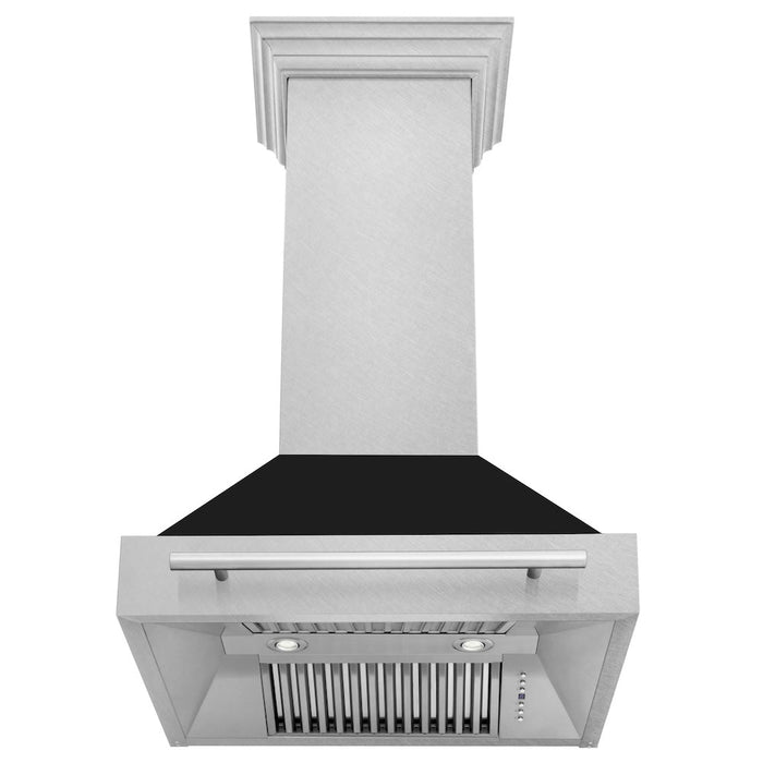ZLINE 30 in. Satin Stainless Steel Wall Mount Range Hood with Colored Shell and Stainless Steel Handle (8654SNX-30)