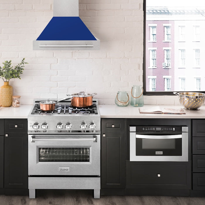 ZLINE 30 in. Satin Stainless Steel Wall Mount Range Hood with Colored Shell and Stainless Steel Handle (8654SNX-30)