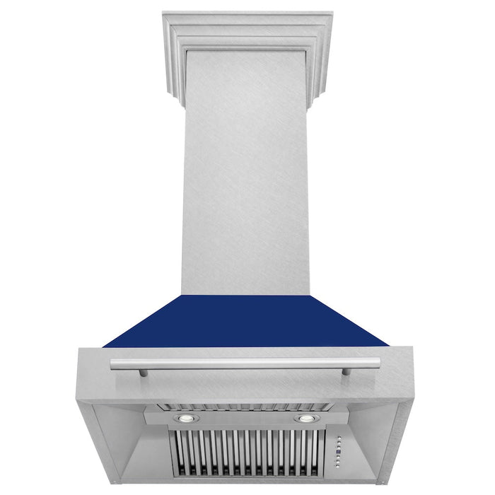 ZLINE 30 in. Satin Stainless Steel Wall Mount Range Hood with Colored Shell and Stainless Steel Handle (8654SNX-30)