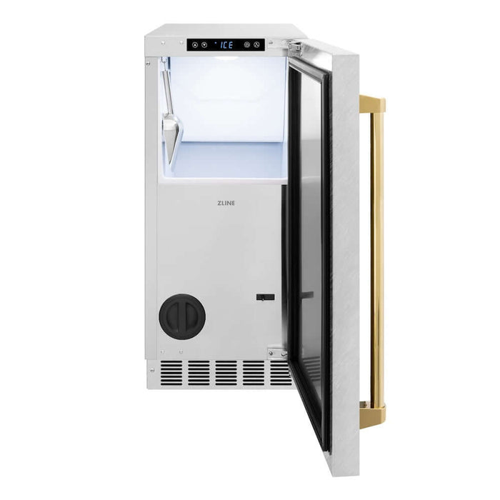 ZLINE Autograph Edition 15 in. Touchstone Clear Cube Ice Maker with Drain Pump and Satin Stainless Steel Door with Polished Gold Handle (ICCDZ-SN-15-G)