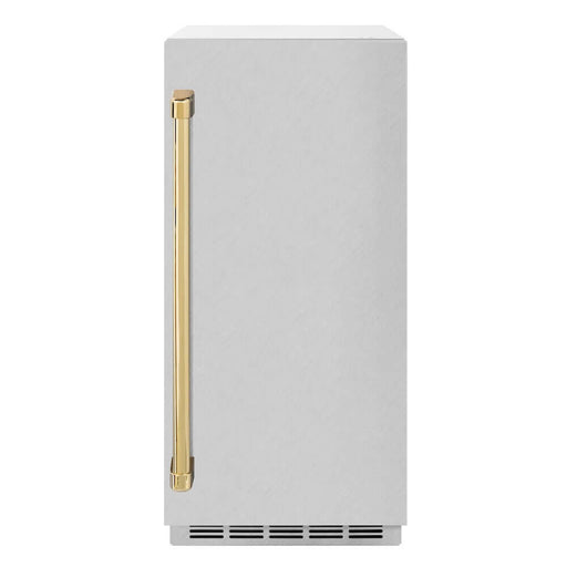 ZLINE Autograph Edition 15 in. Touchstone Clear Cube Ice Maker with Drain Pump and Satin Stainless Steel Door with Polished Gold Handle (ICCDZ-SN-15-G)