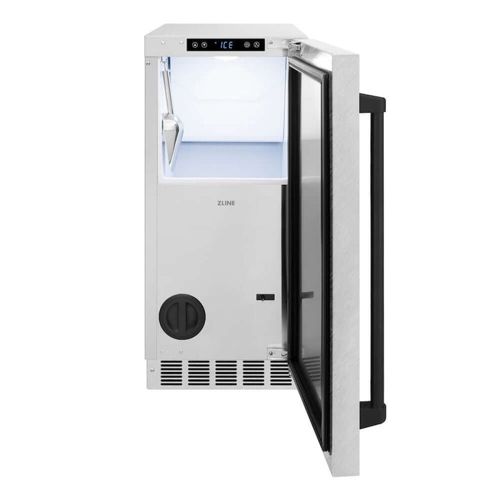 ZLINE Autograph Edition 15 in. Touchstone Clear Cube Ice Maker with Drain Pump and Satin Stainless Steel Door with Matte Black Handle (ICCDZ-SN-15-MB)