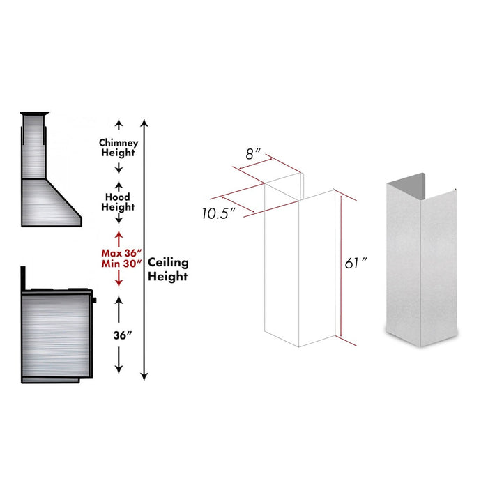 ZLINE 61 in. Satin Stainless Steel Chimney Extension for Ceilings up to 12.5 ft. (8KF2S-E)