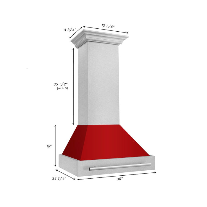 ZLINE 30 in. Satin Stainless Steel Wall Mount Range Hood with Colored Shell and Stainless Steel Handle (8654SNX-30)