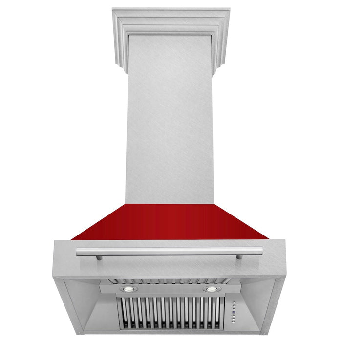 ZLINE 30 in. Satin Stainless Steel Wall Mount Range Hood with Colored Shell and Stainless Steel Handle (8654SNX-30)