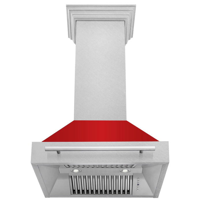 ZLINE 30 in. Satin Stainless Steel Wall Mount Range Hood with Colored Shell and Stainless Steel Handle (8654SNX-30)