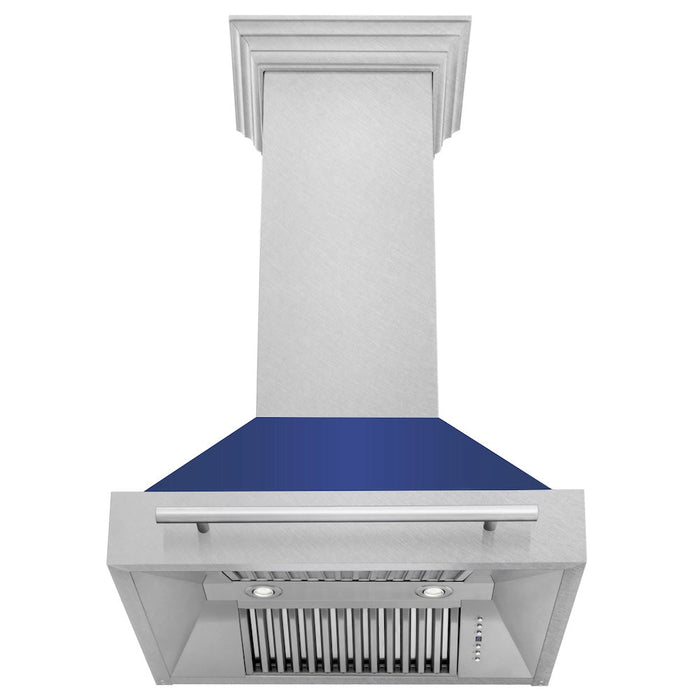 ZLINE 30 in. Satin Stainless Steel Wall Mount Range Hood with Colored Shell and Stainless Steel Handle (8654SNX-30)