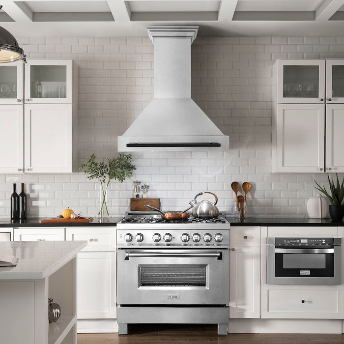 ZLINE Autograph Edition 36 in. Satin Stainless Steel Wall Mount Range Hood with Accent Handle (8654SNZ-36)