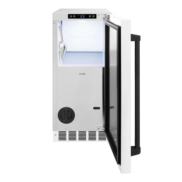 ZLINE Autograph Edition 15 in. Touchstone Clear Cube Ice Maker with Drain Pump and White Matte Door with Matte Black Handle (ICCDZ-WM-15-MB)